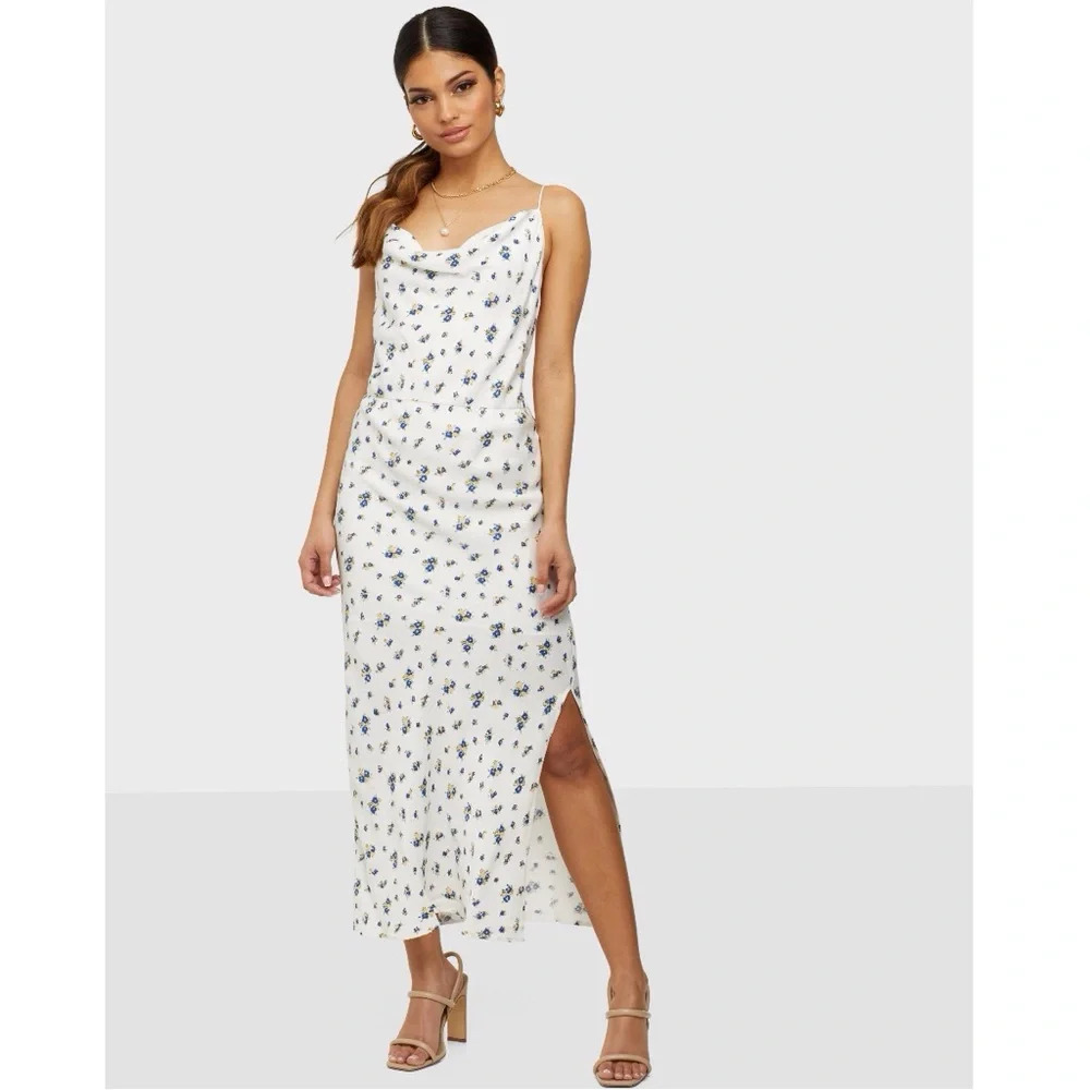 Samsoe Slip Dress Drape Slit Low Back Apples Sun Bouquet White L M Satin Y2K